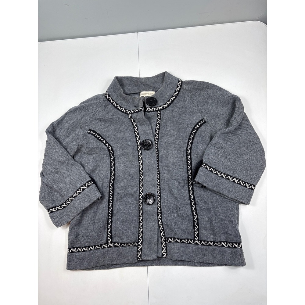Coldwater Creek Gray Knit Cardigan Geometric Trim Buttons 3/4 Sleeve M
